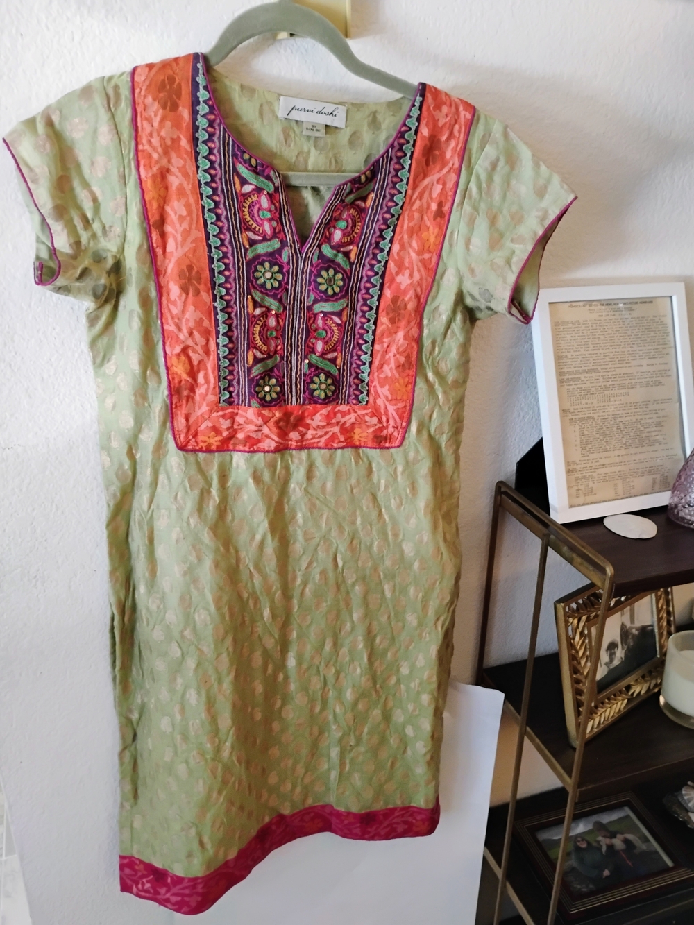 Purvi Doshi Hand Embroidered Khadi Cotton Kurta Tunic Dress Green Orange Size M